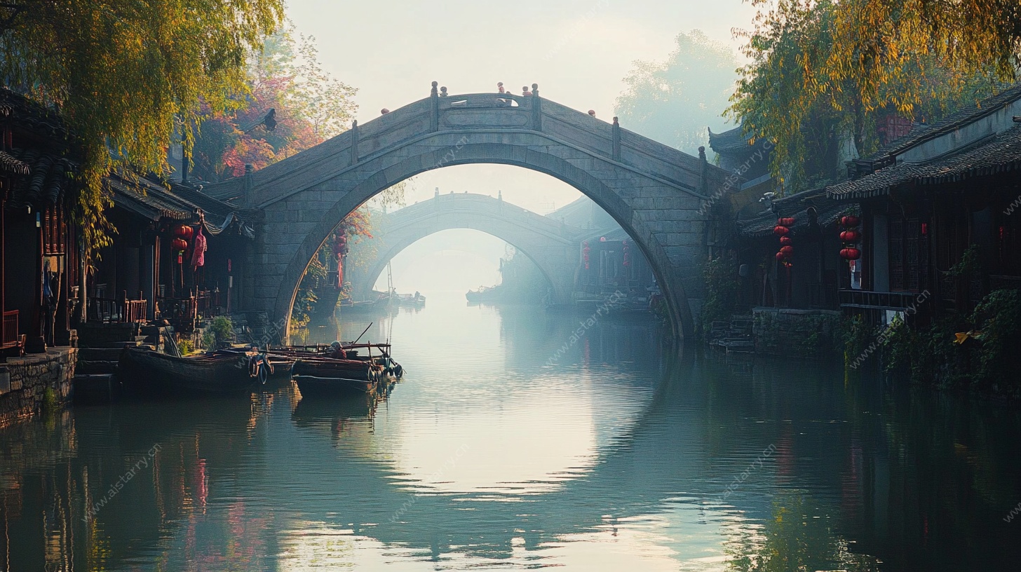 江南水乡古桥晨景