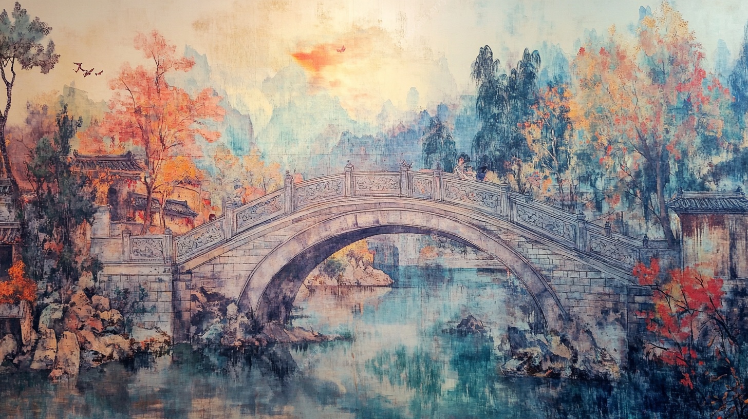 秋日古桥山水风景图