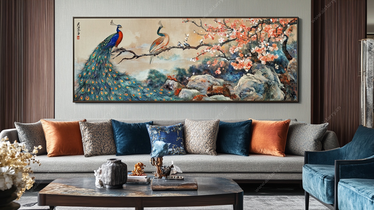 中式客厅孔雀花卉挂画