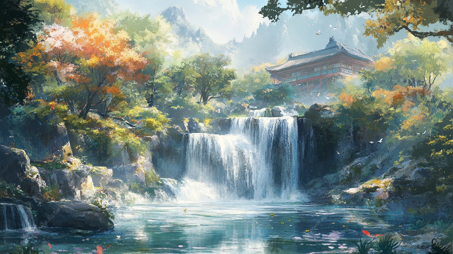 山水间的古风瀑布美景