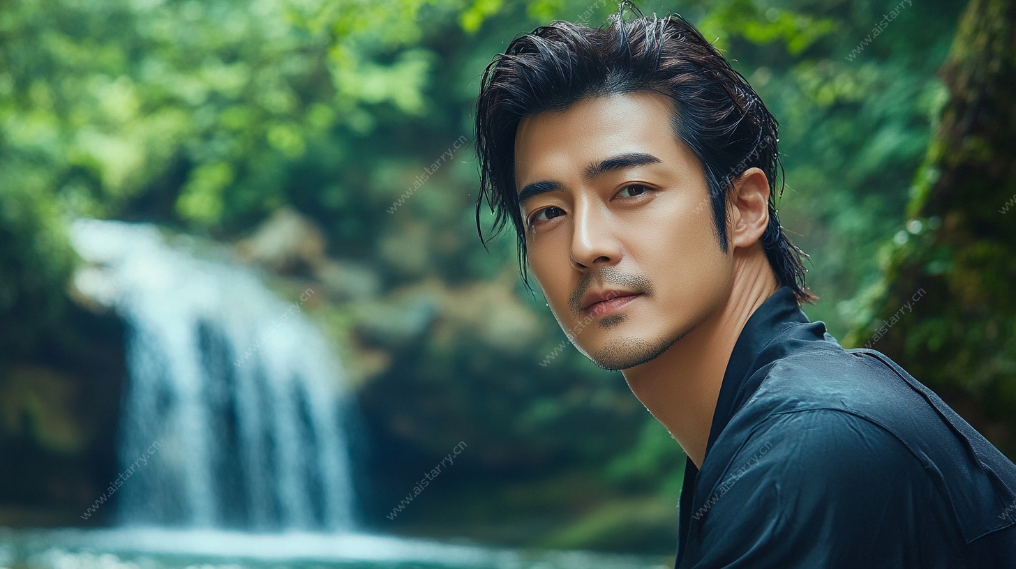 男子于瀑布畔的帅气写真