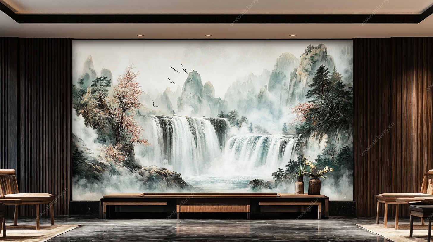 中式山水壁画客厅装饰图