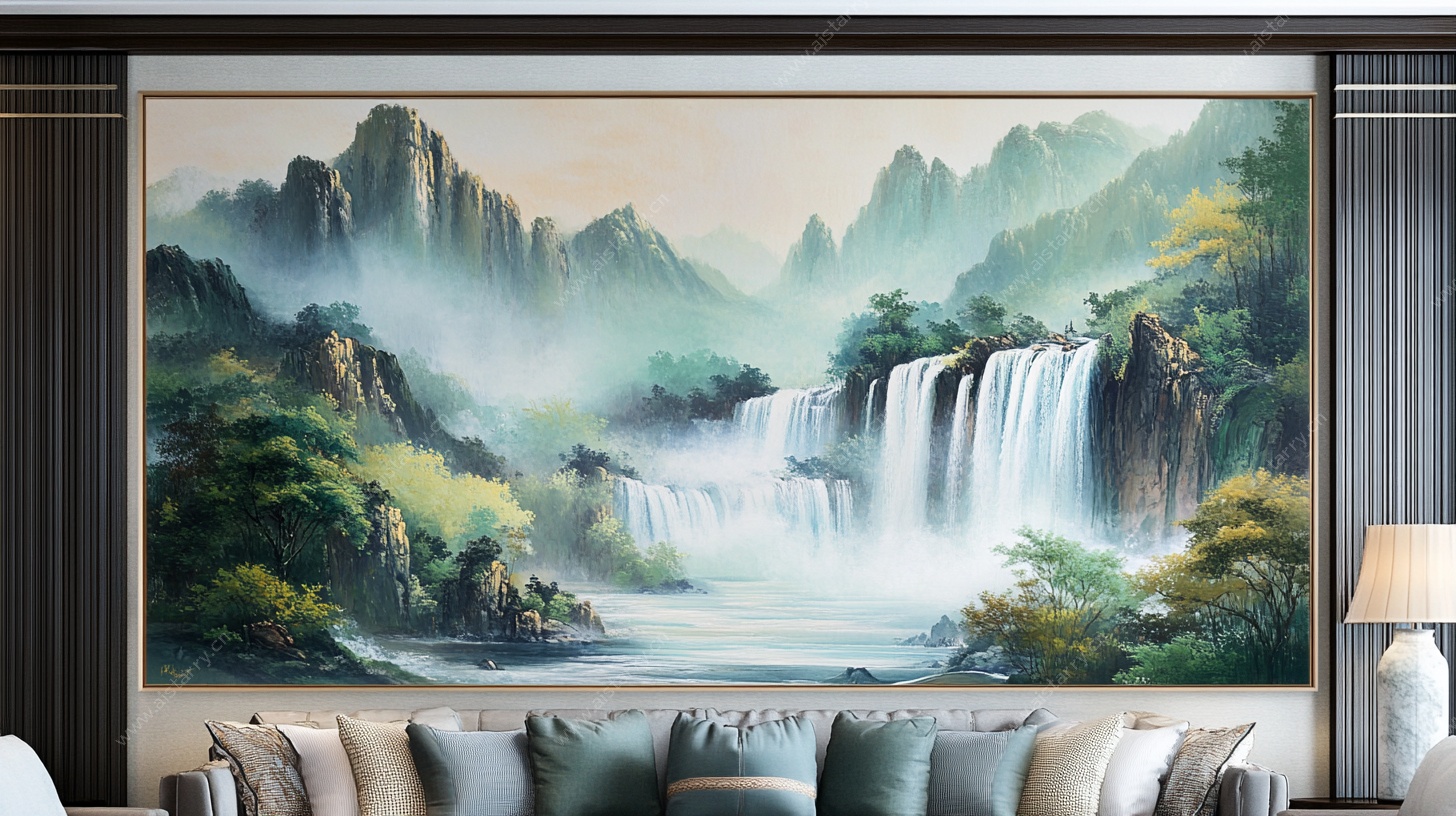 客厅中式山水瀑布装饰画