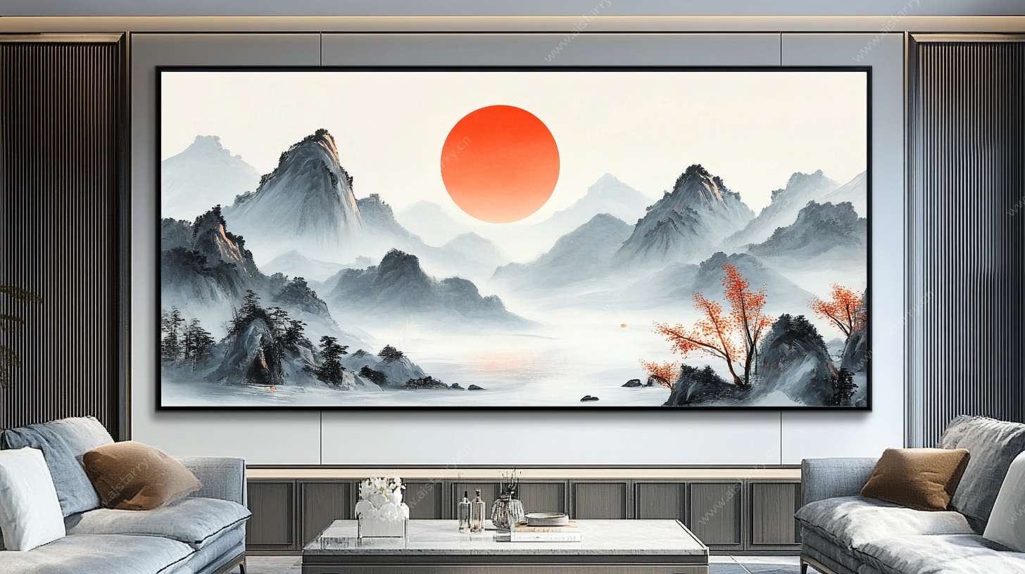 中式客厅山水旭日装饰画
