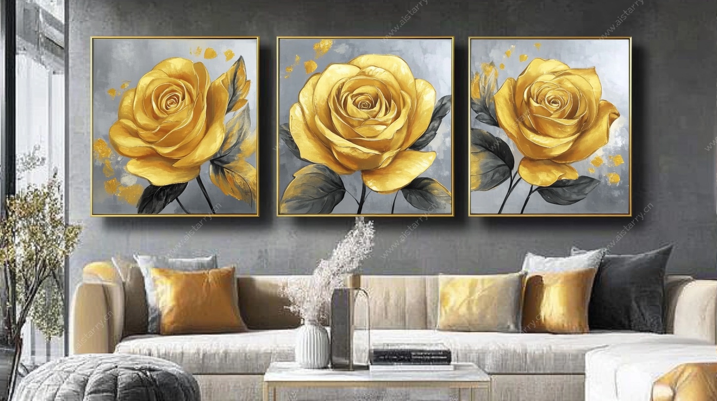三联金色玫瑰装饰画