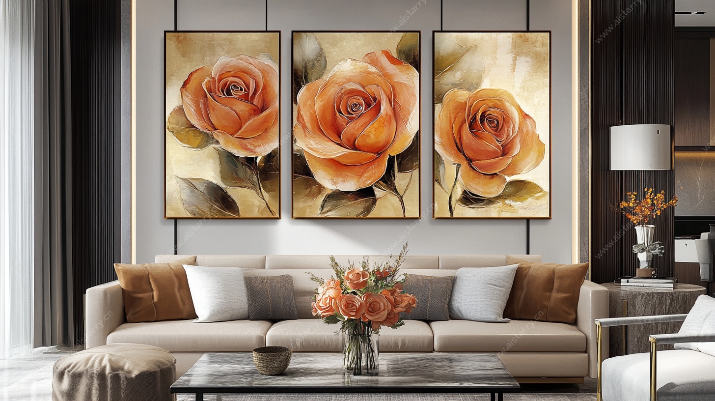 客厅三联玫瑰装饰画