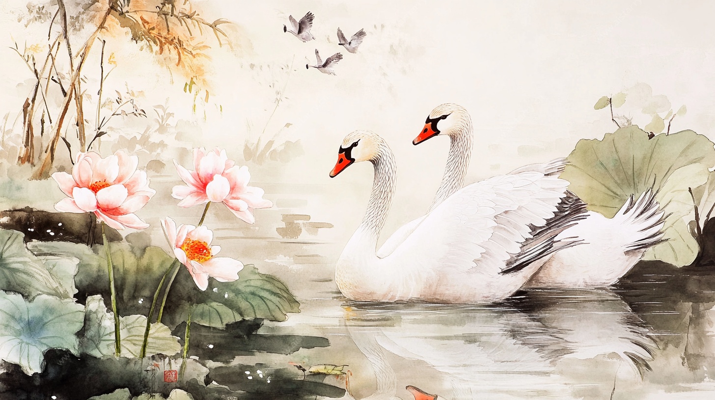 水墨天鹅游弋荷花池畔