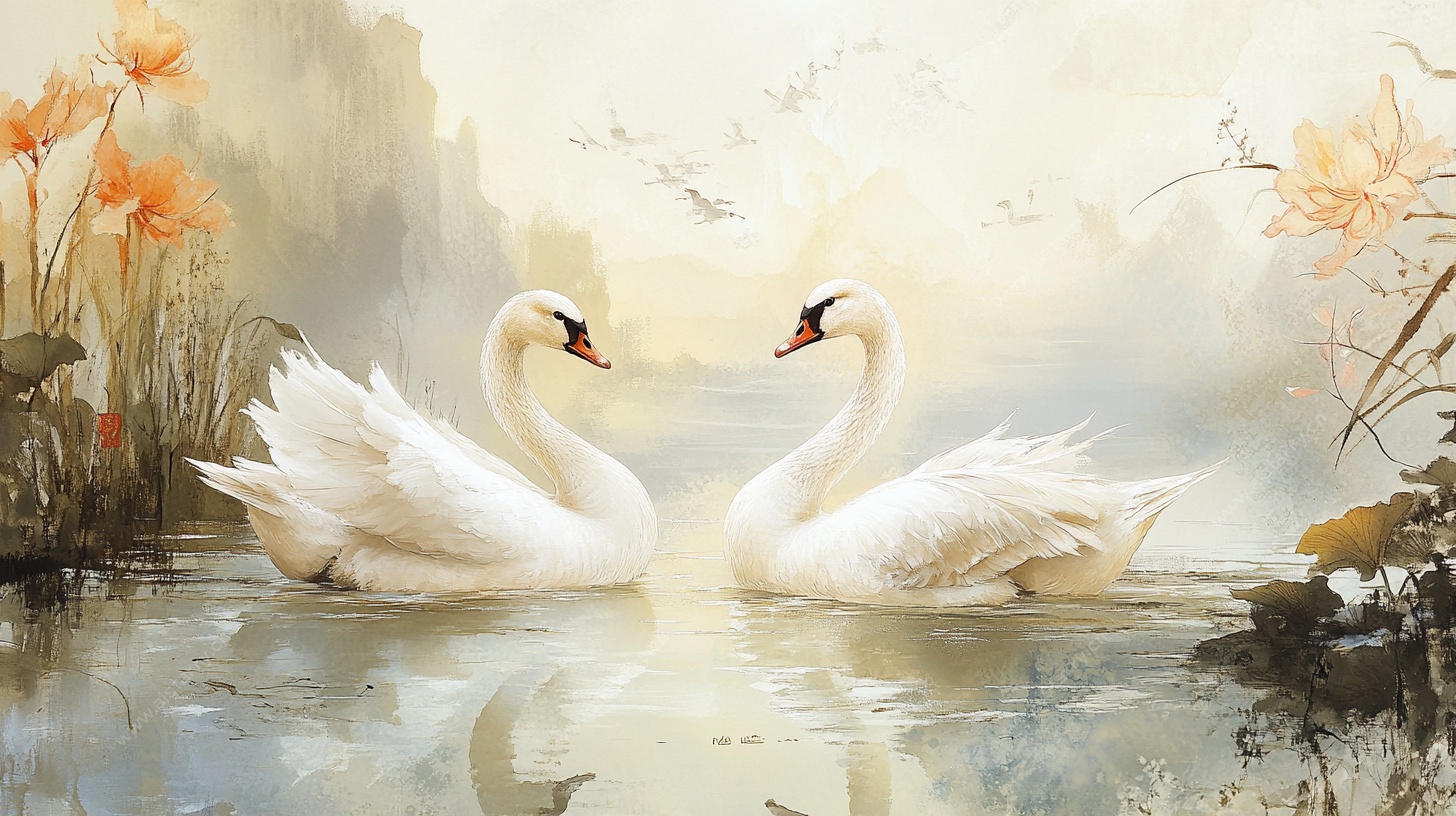 双天鹅于诗意湖景中依偎