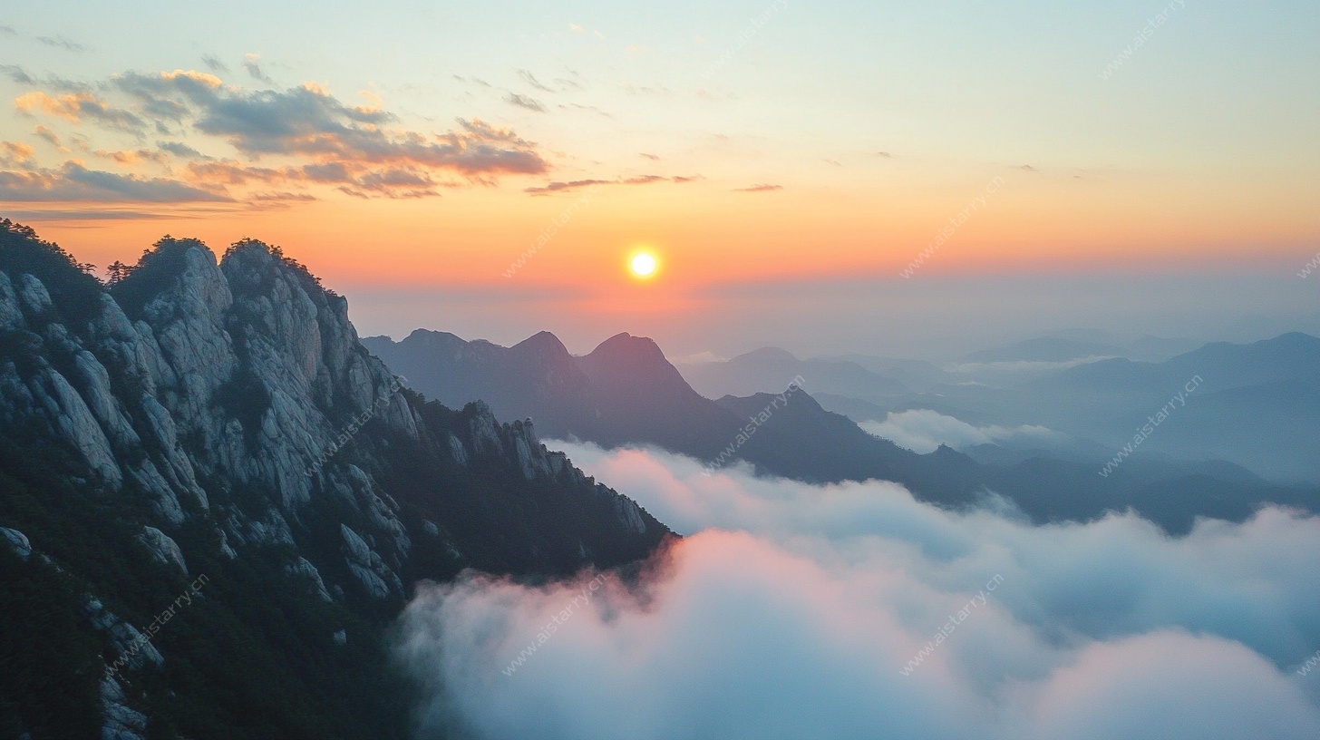 日出云海中的壮丽山峰