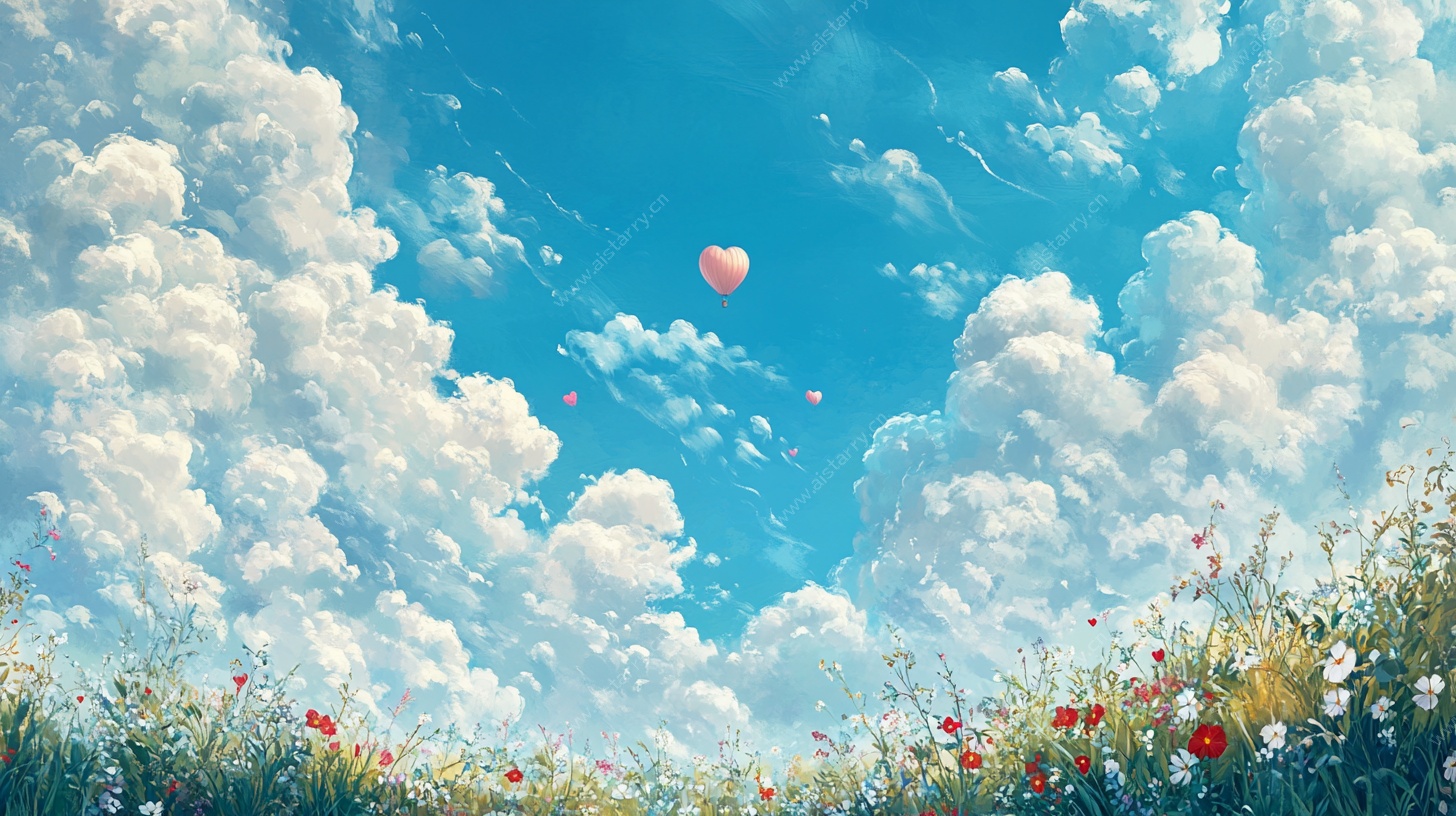梦幻天空下的花草与气球