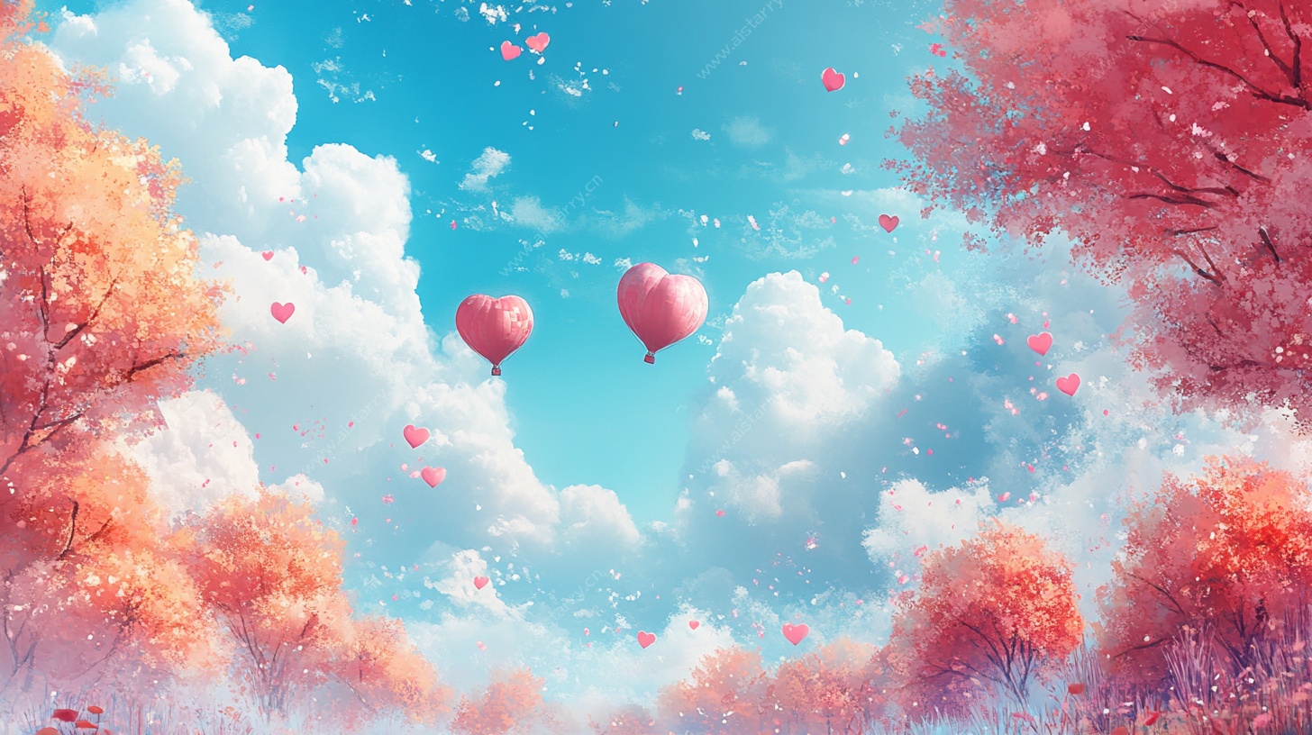 梦幻心形气球飘飞天空