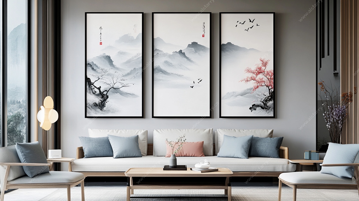 中式客厅三联水墨山水挂画