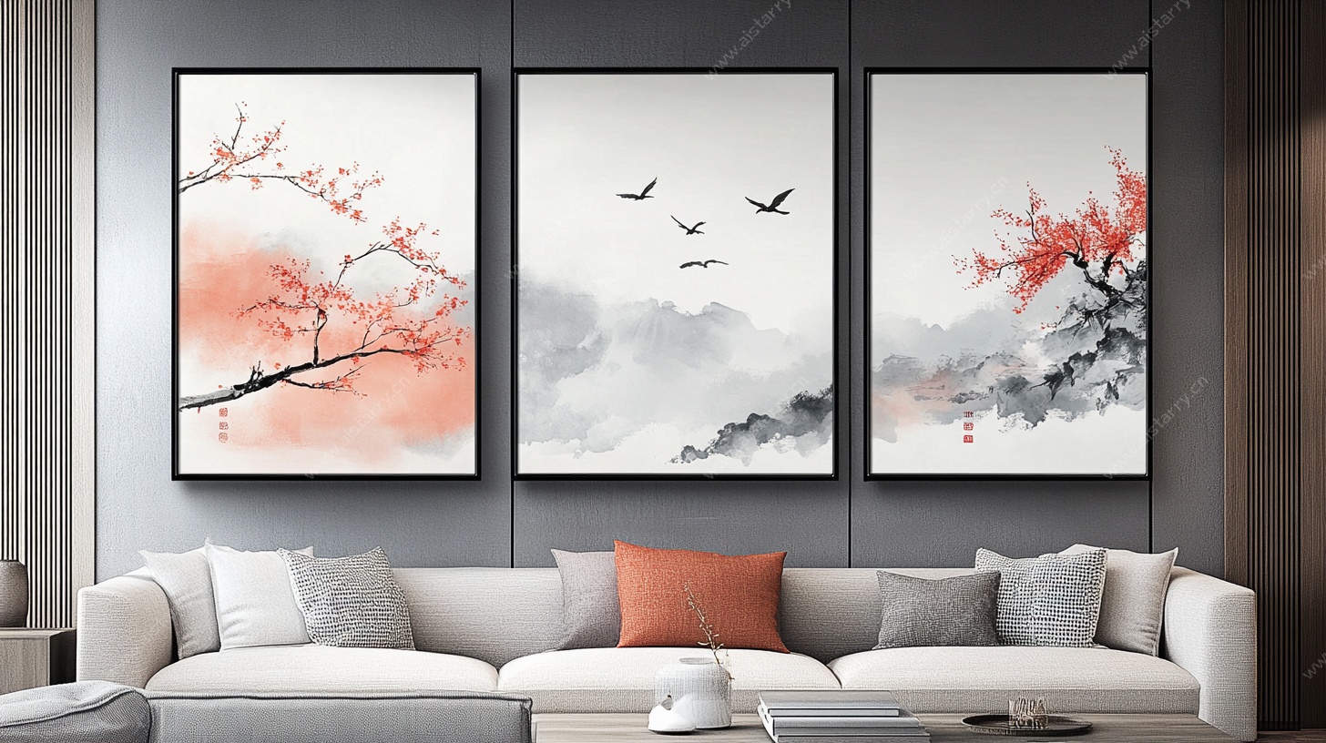 中式三联画装饰客厅一角