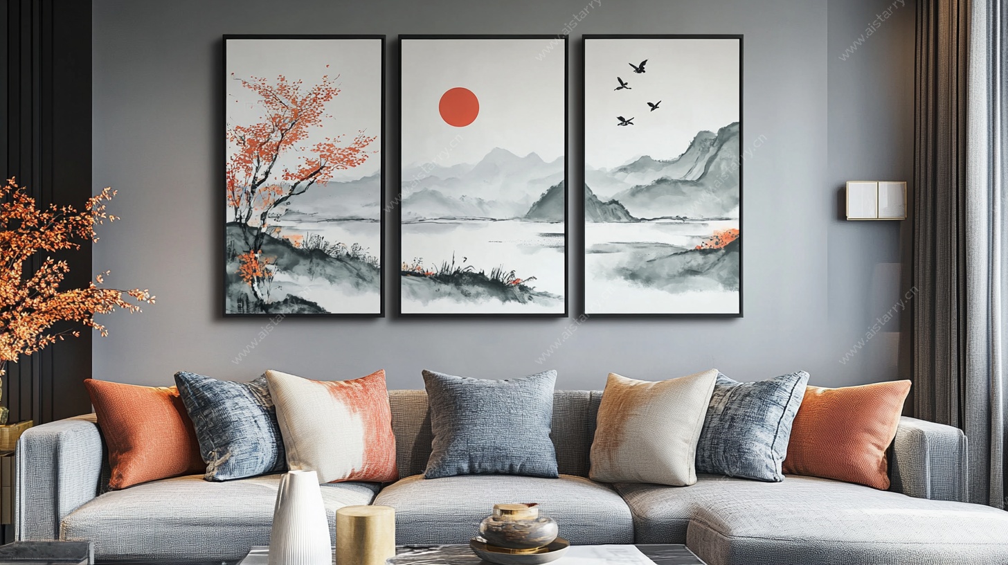 新中式客厅三联山水装饰画