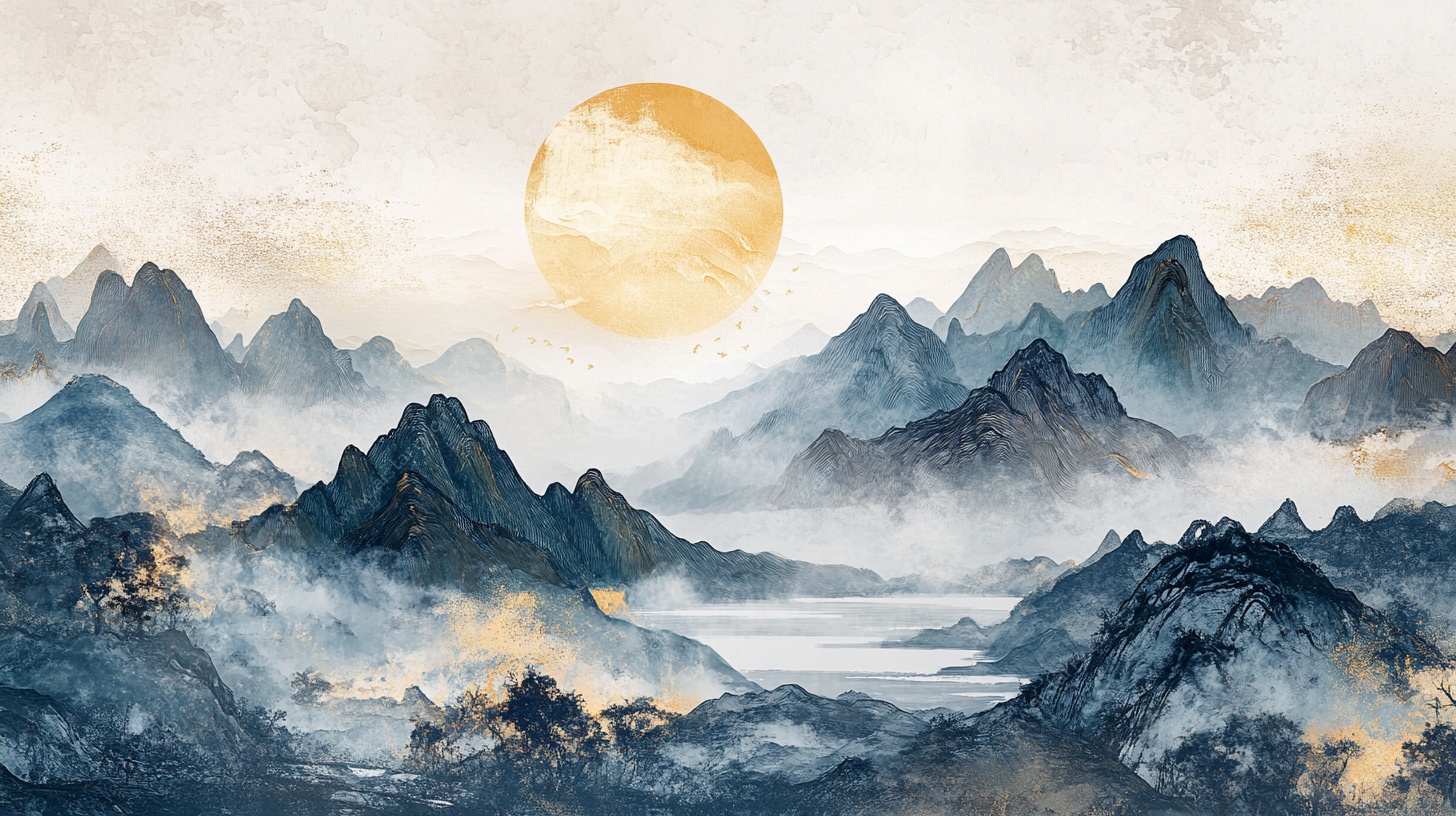 水墨群山映朝阳