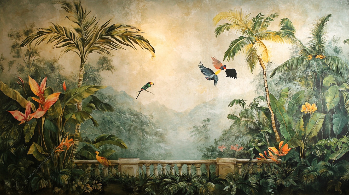 热带风光鸟类壁画