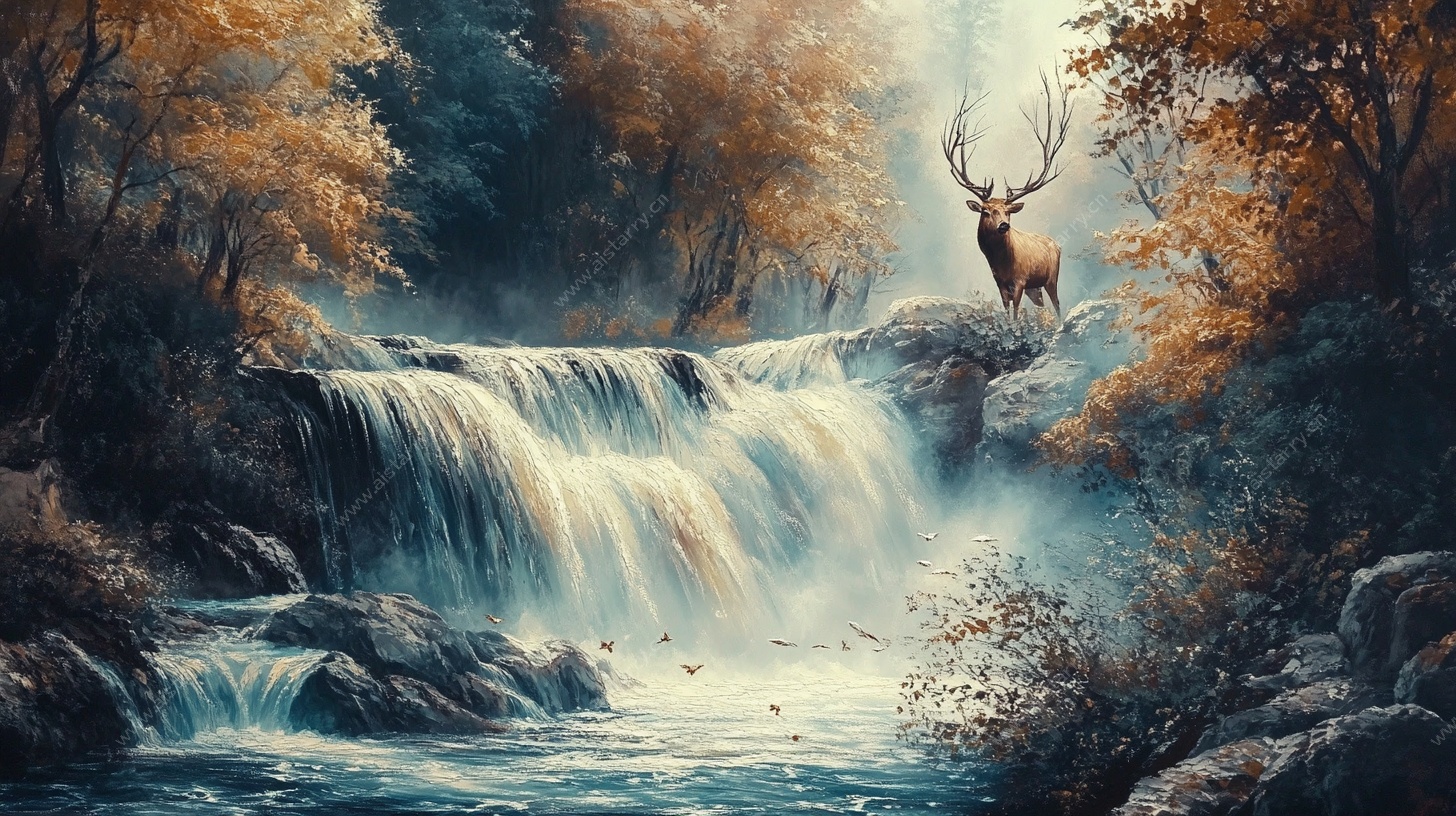 森林瀑布边的雄鹿
