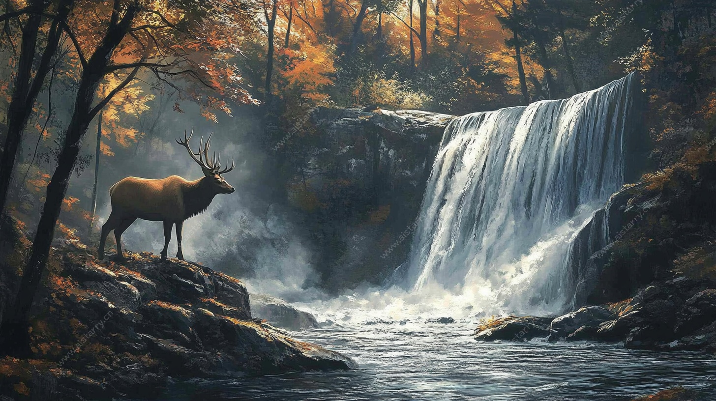 鹿立瀑布旁的秋日森林