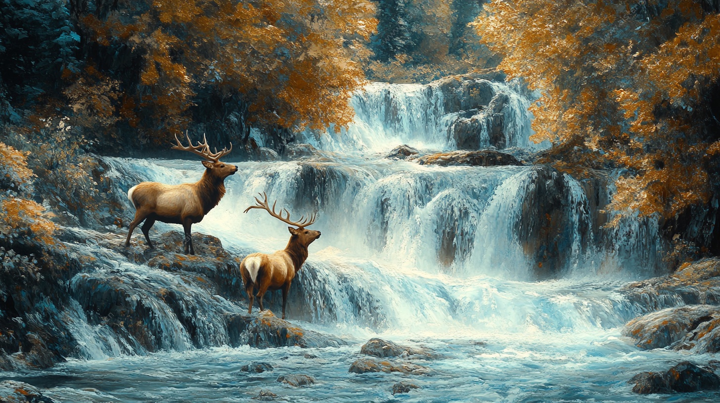 森林瀑布边的双鹿美景