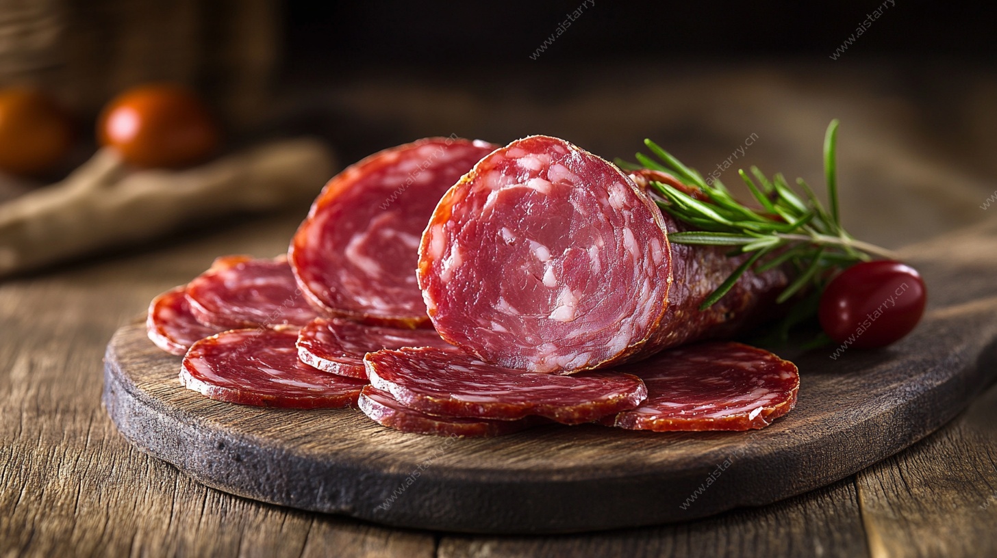 美味萨拉米切片摆于木盘