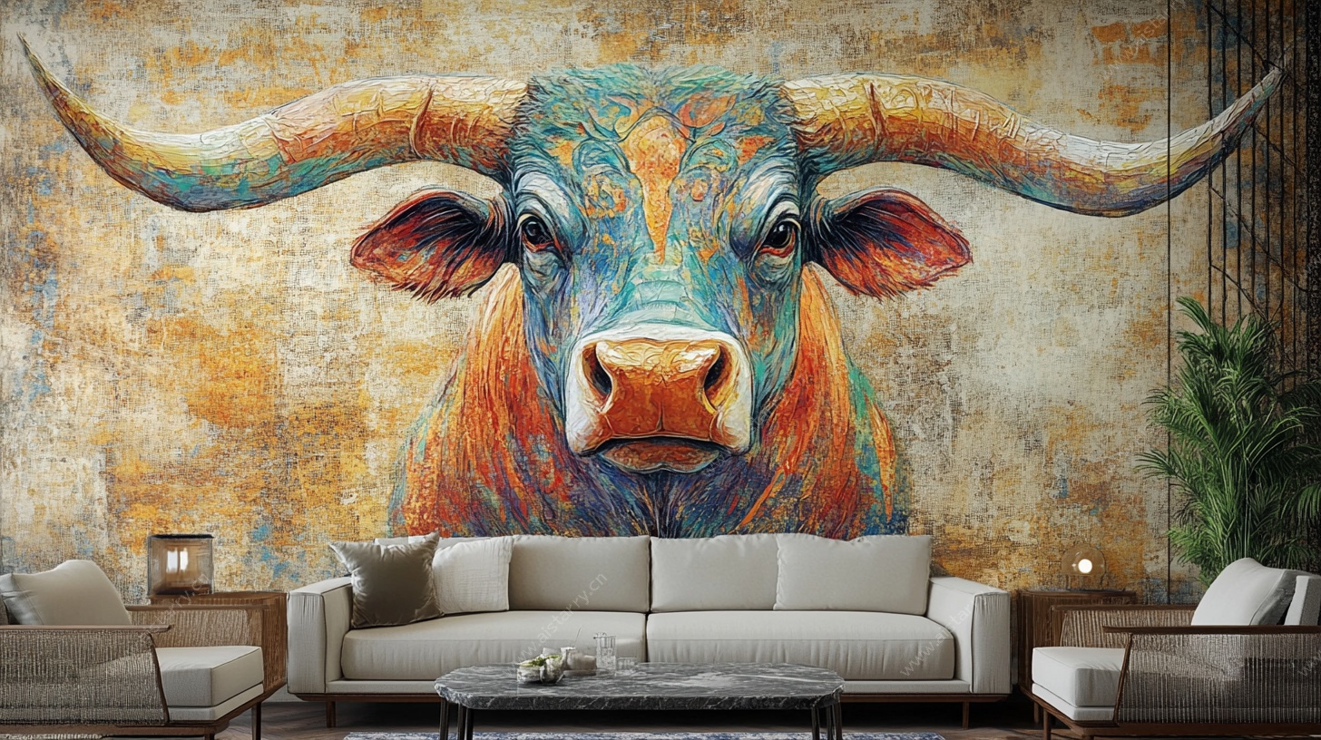 彩色公牛壁画 客厅艺术风