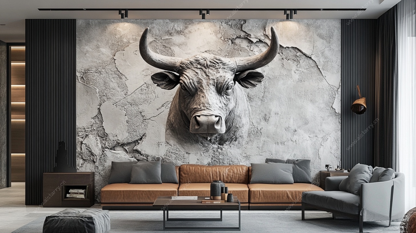 现代客厅牛头艺术背景墙