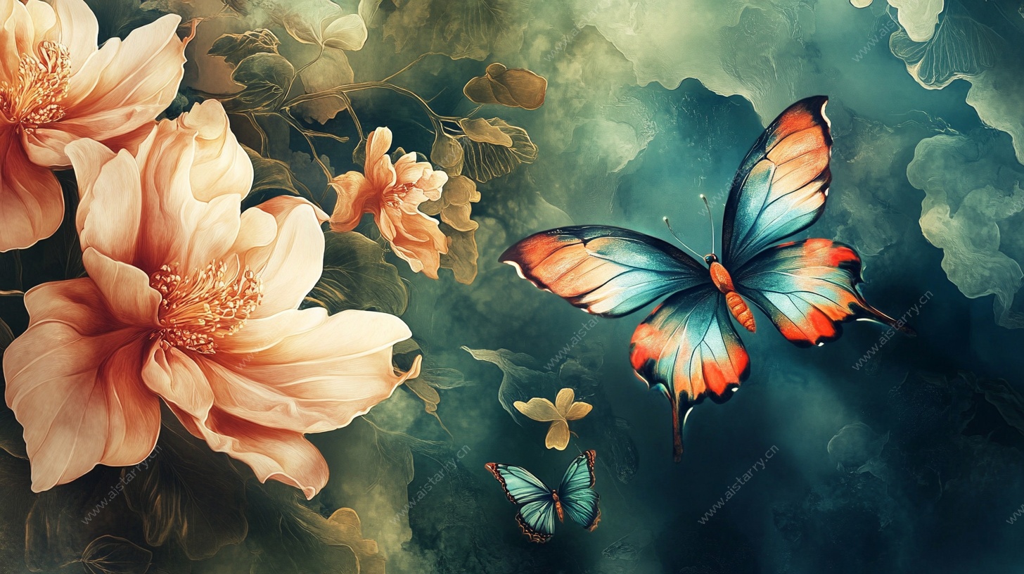 梦幻花卉与蝴蝶插画