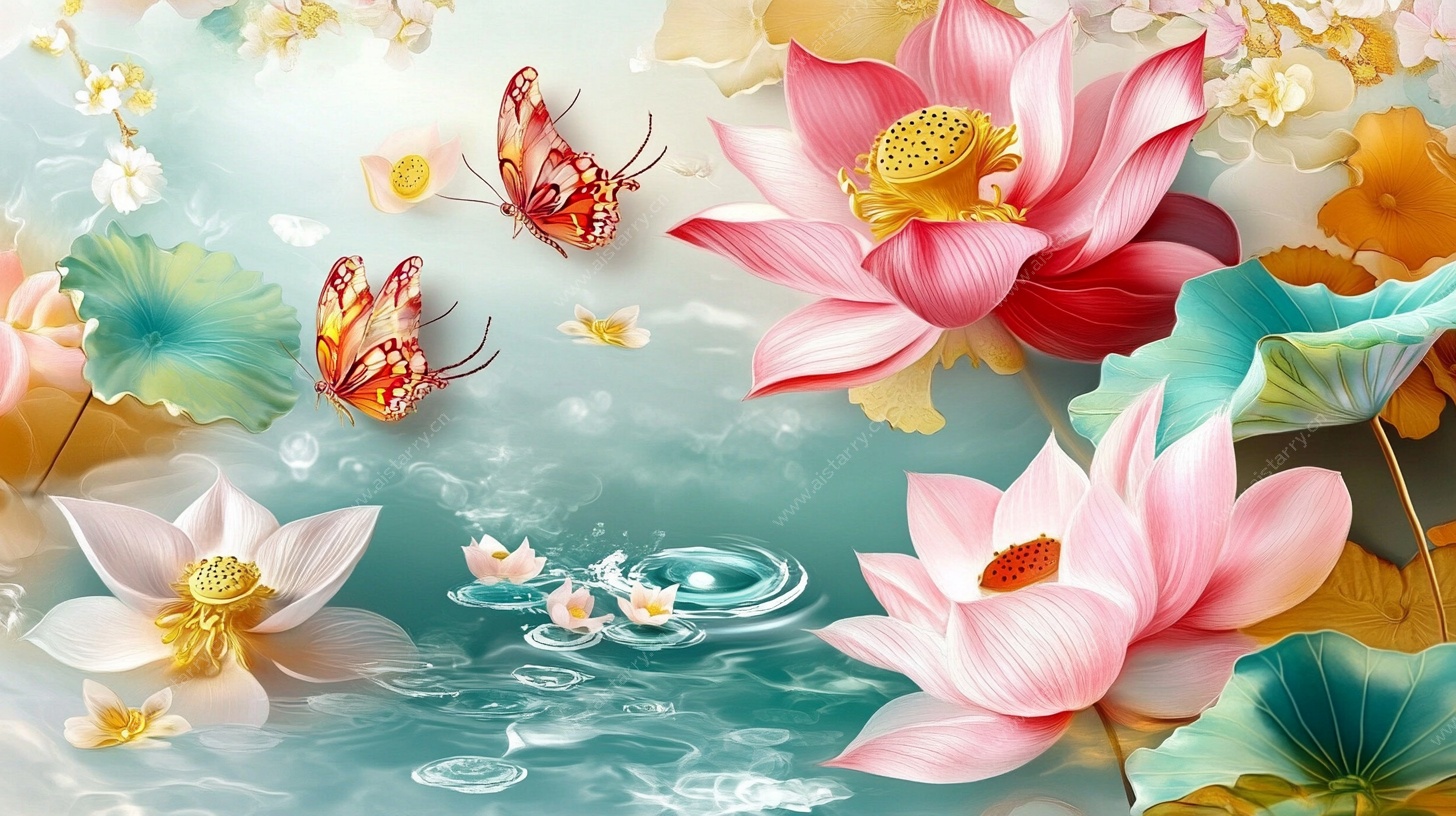 荷塘蝶舞 唯美中式花卉图