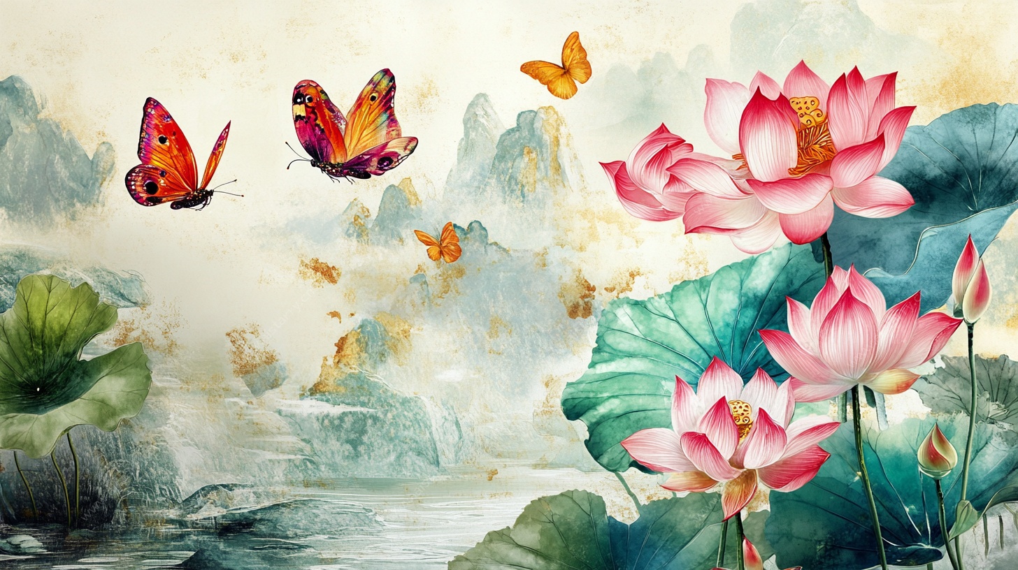 荷间蝶舞水墨风插画