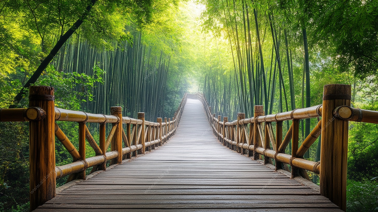 竹林木桥间的静谧小径