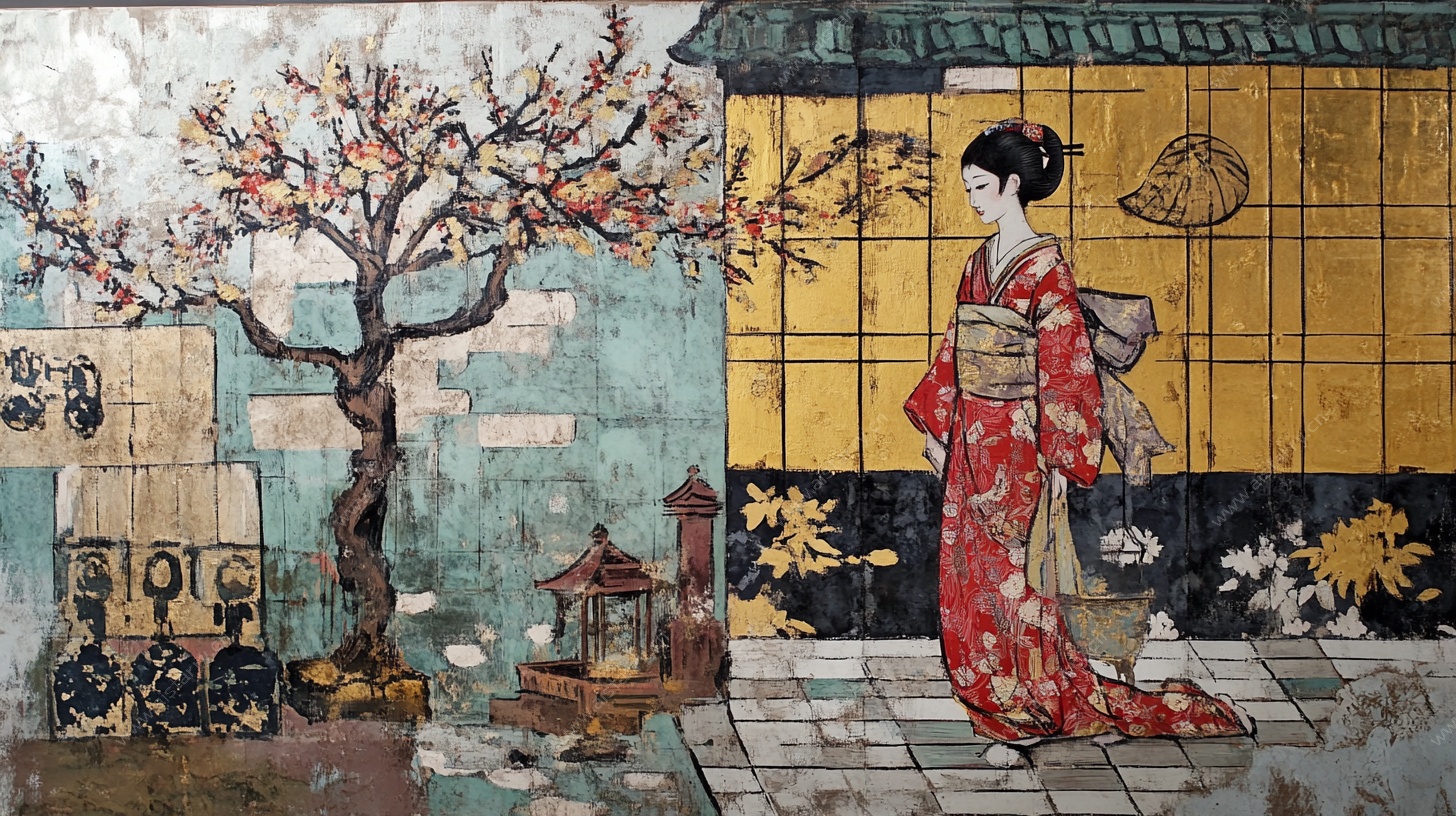 和服女子于古景中漫步