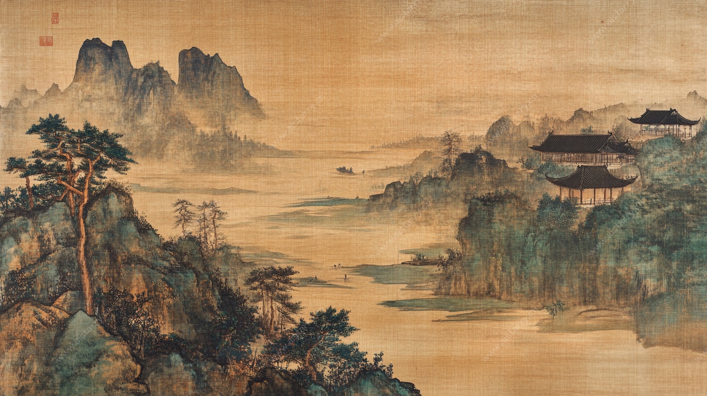 中式山水楼阁古画