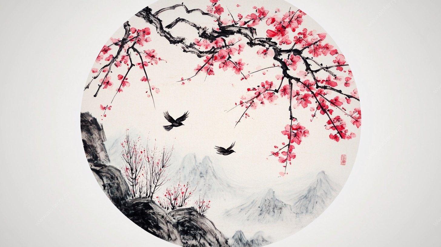 圆形水墨梅花飞鸟图