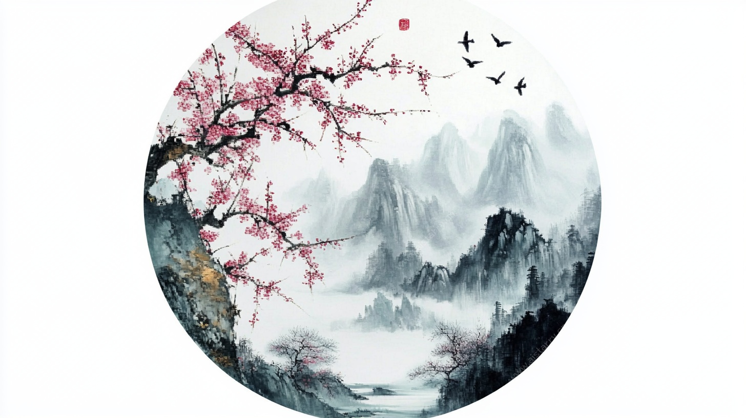 圆形水墨山水梅花飞鸟图