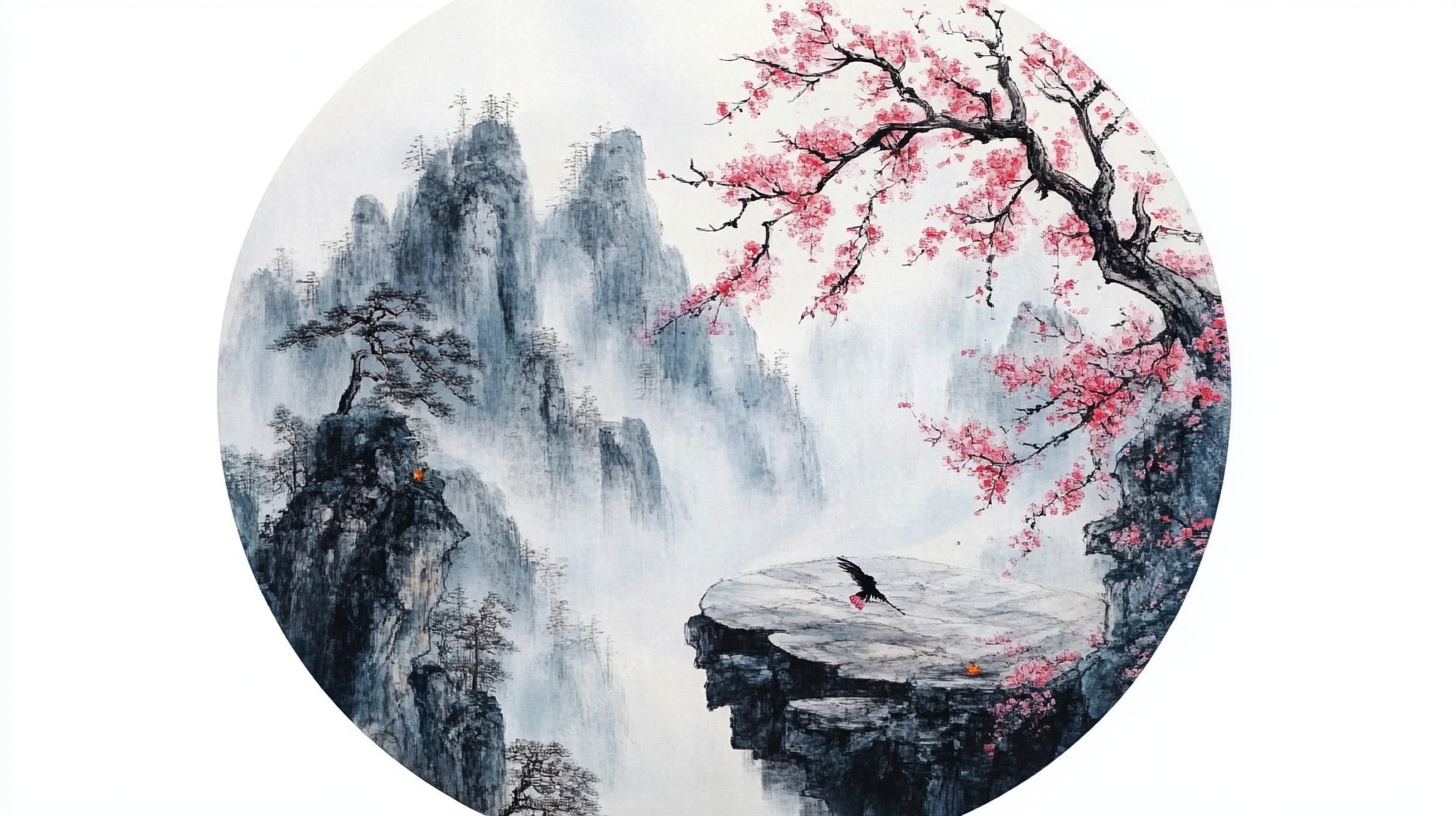 圆形水墨山水花鸟图
