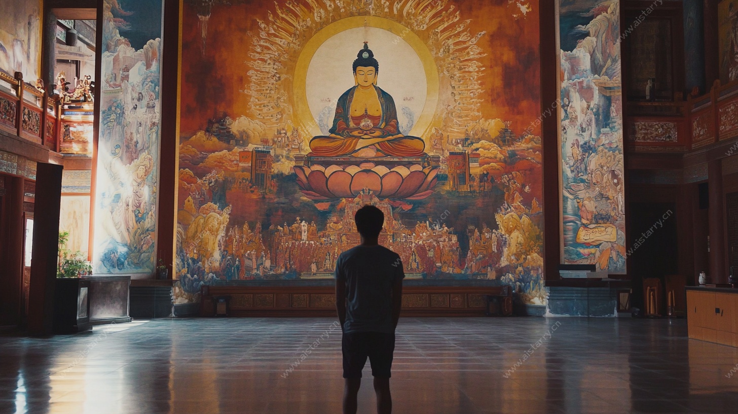 人于佛壁画前虔诚伫立