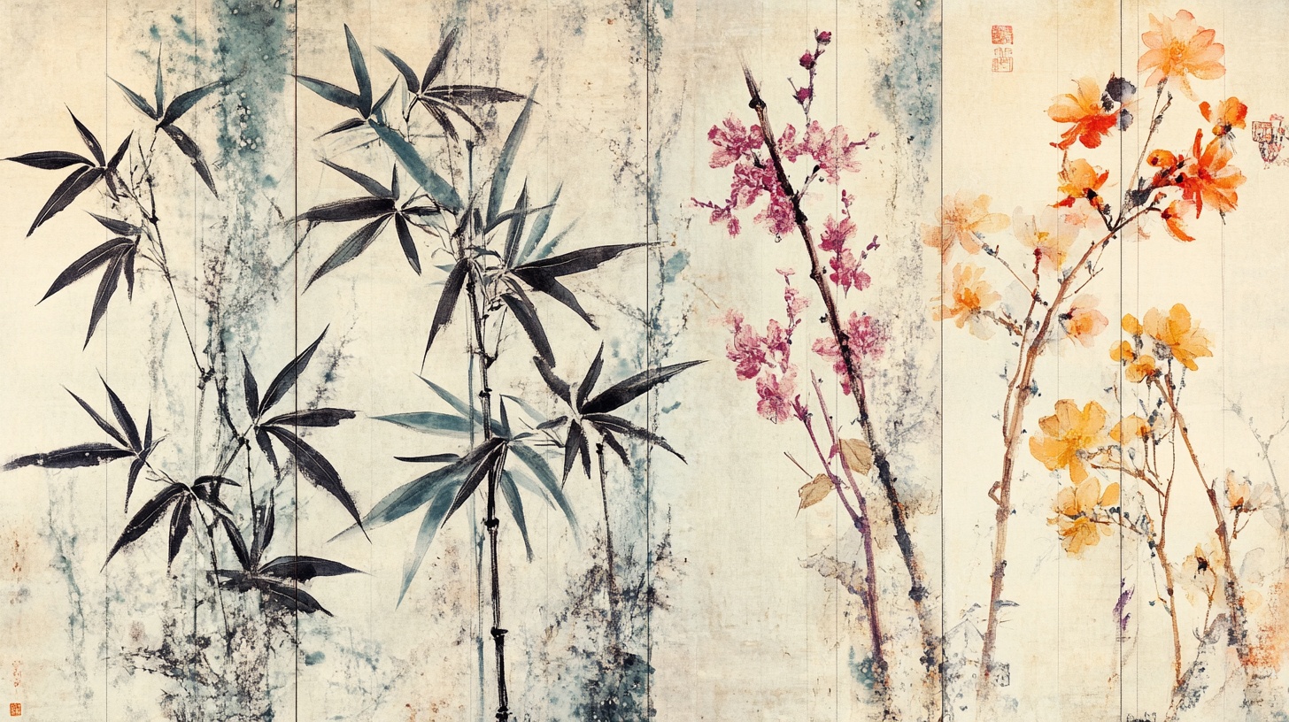 中式水墨花卉竹子画作