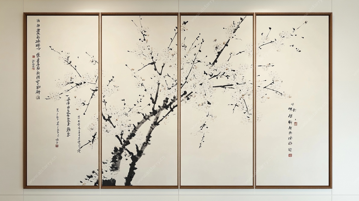 中式水墨梅花四联装饰画