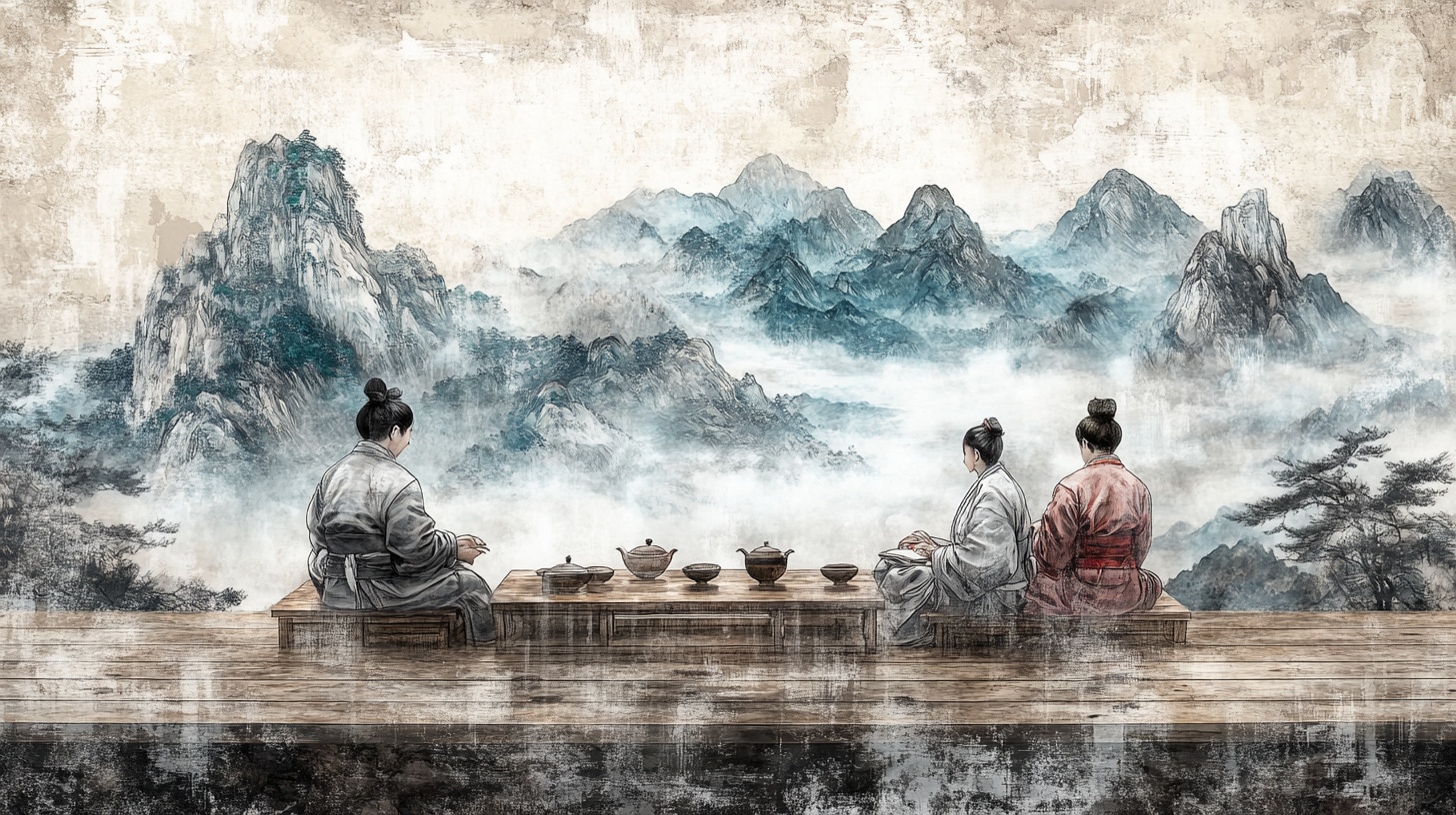 三人对坐赏山水雅景