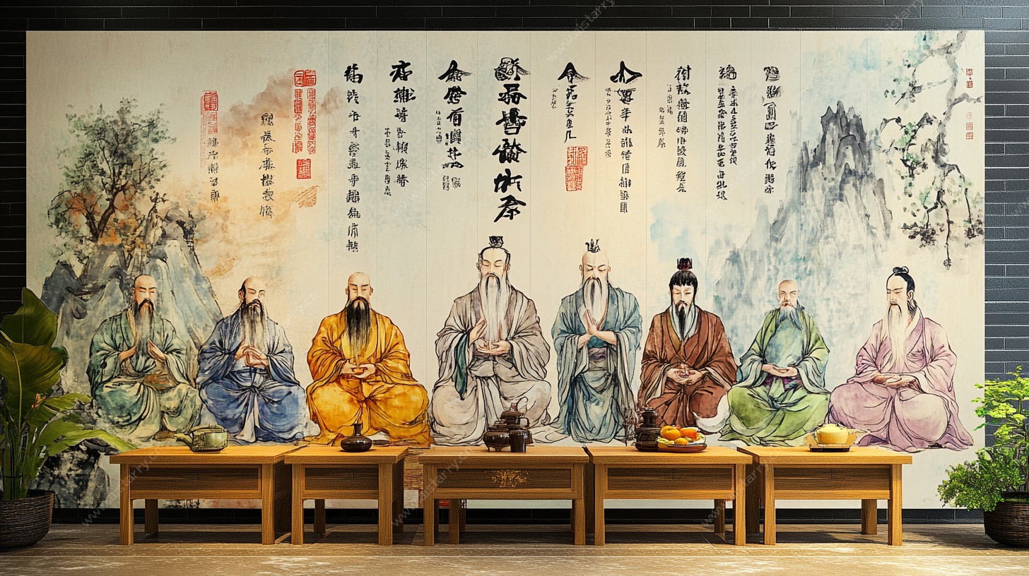 中式古风七贤图壁画场景