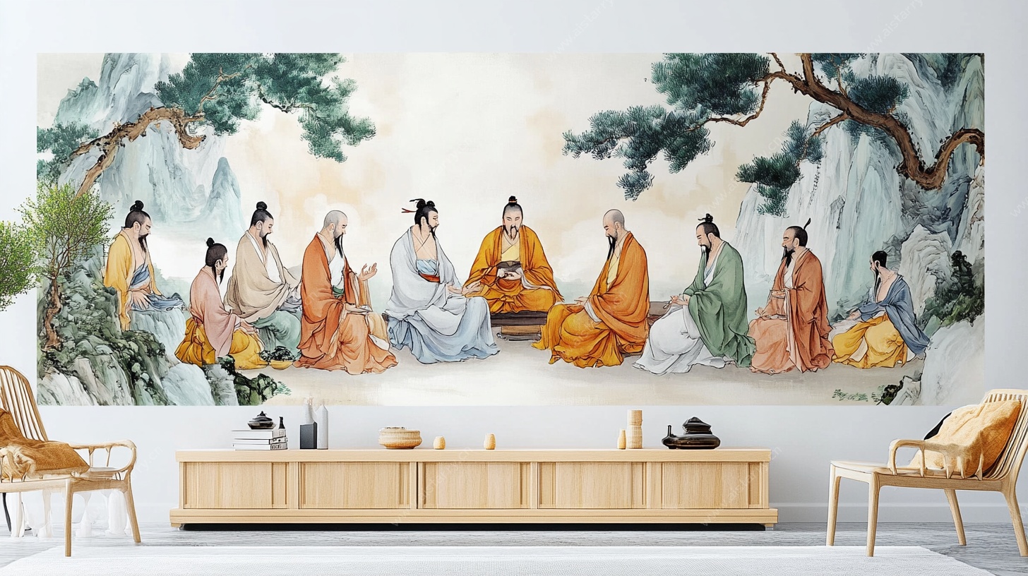 中式古典雅士聚会壁画