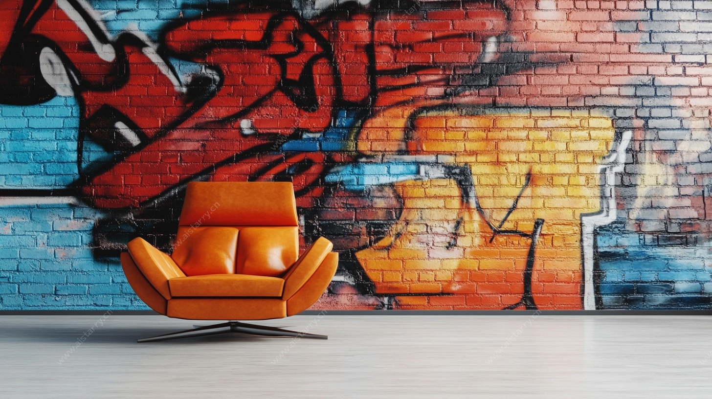 橙色沙发与多彩涂鸦墙