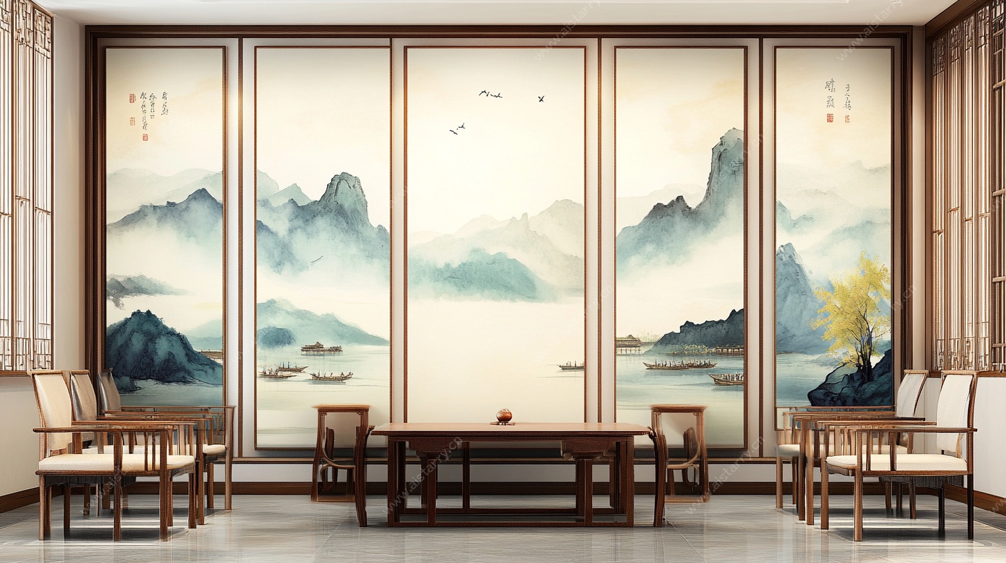 中式山水茶室装饰画场景