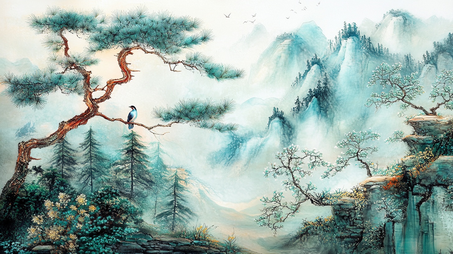 迎客松山水国画意境图