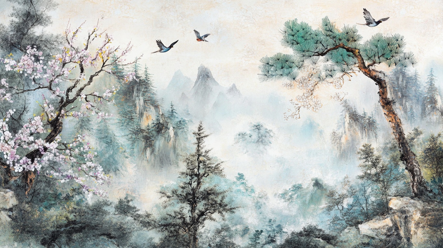 水墨山水飞鸟图