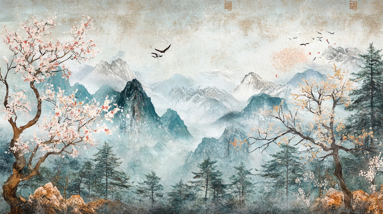 水墨山水间 花鸟共绘景