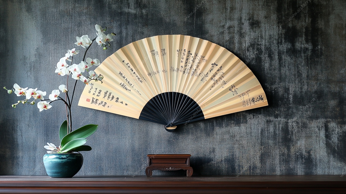 中式折扇配兰花装饰摆件