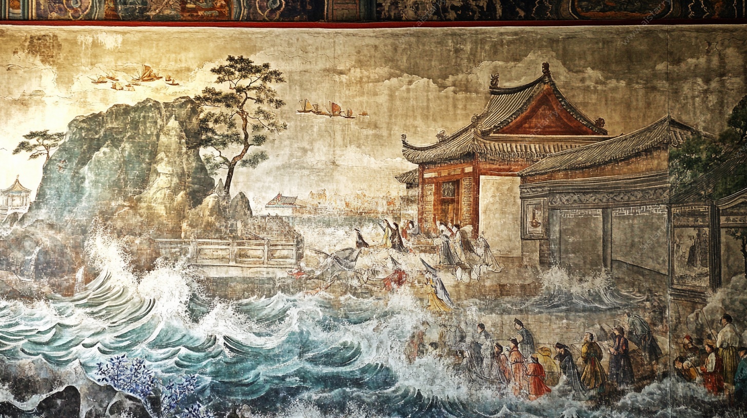 古代海畔楼阁人物壁画