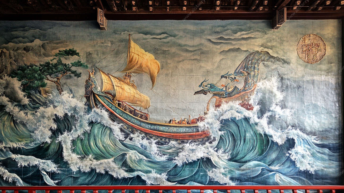 中式海船壁画 惊涛场景