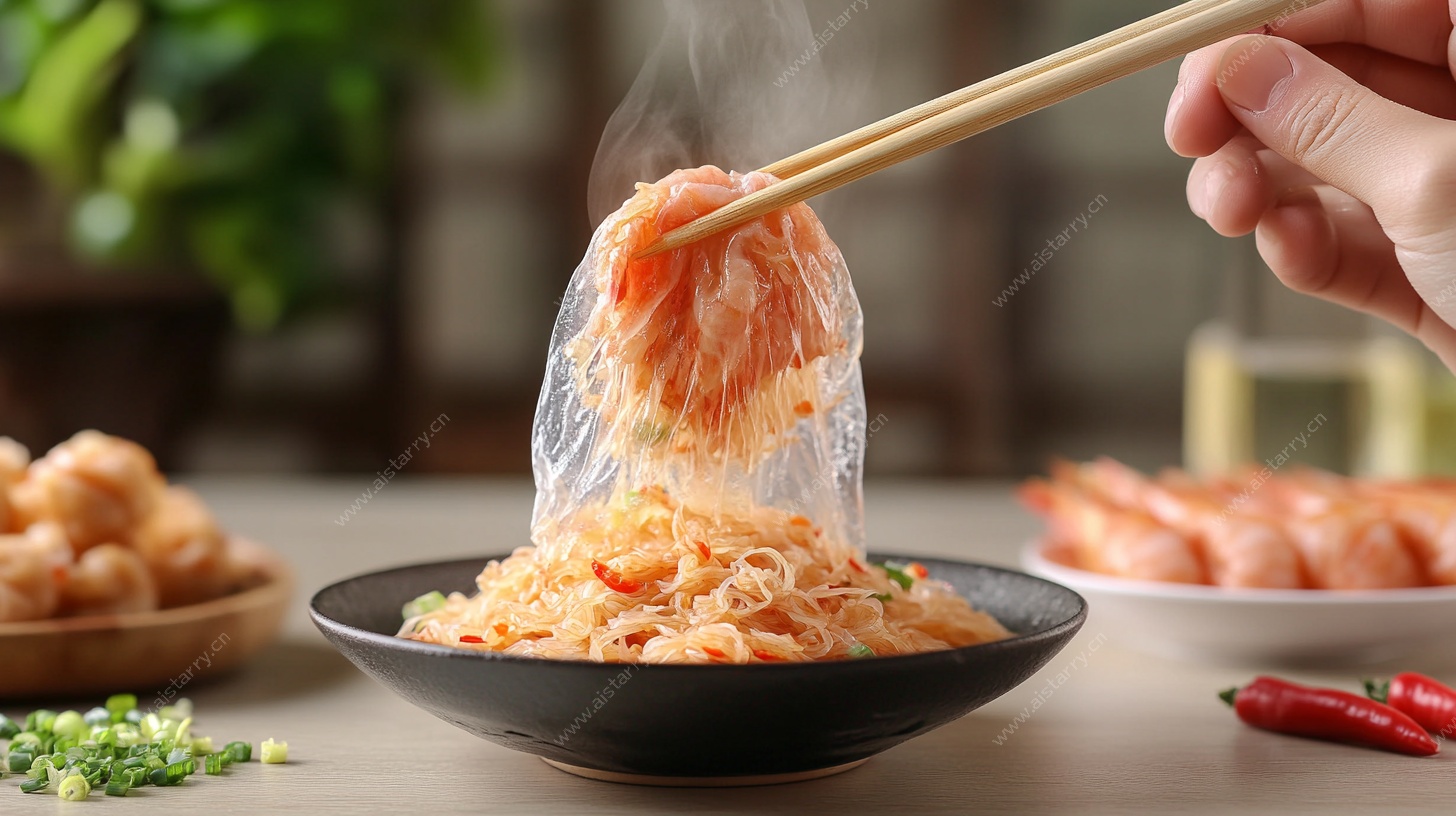 筷子夹起晶莹鲜虾粉丝